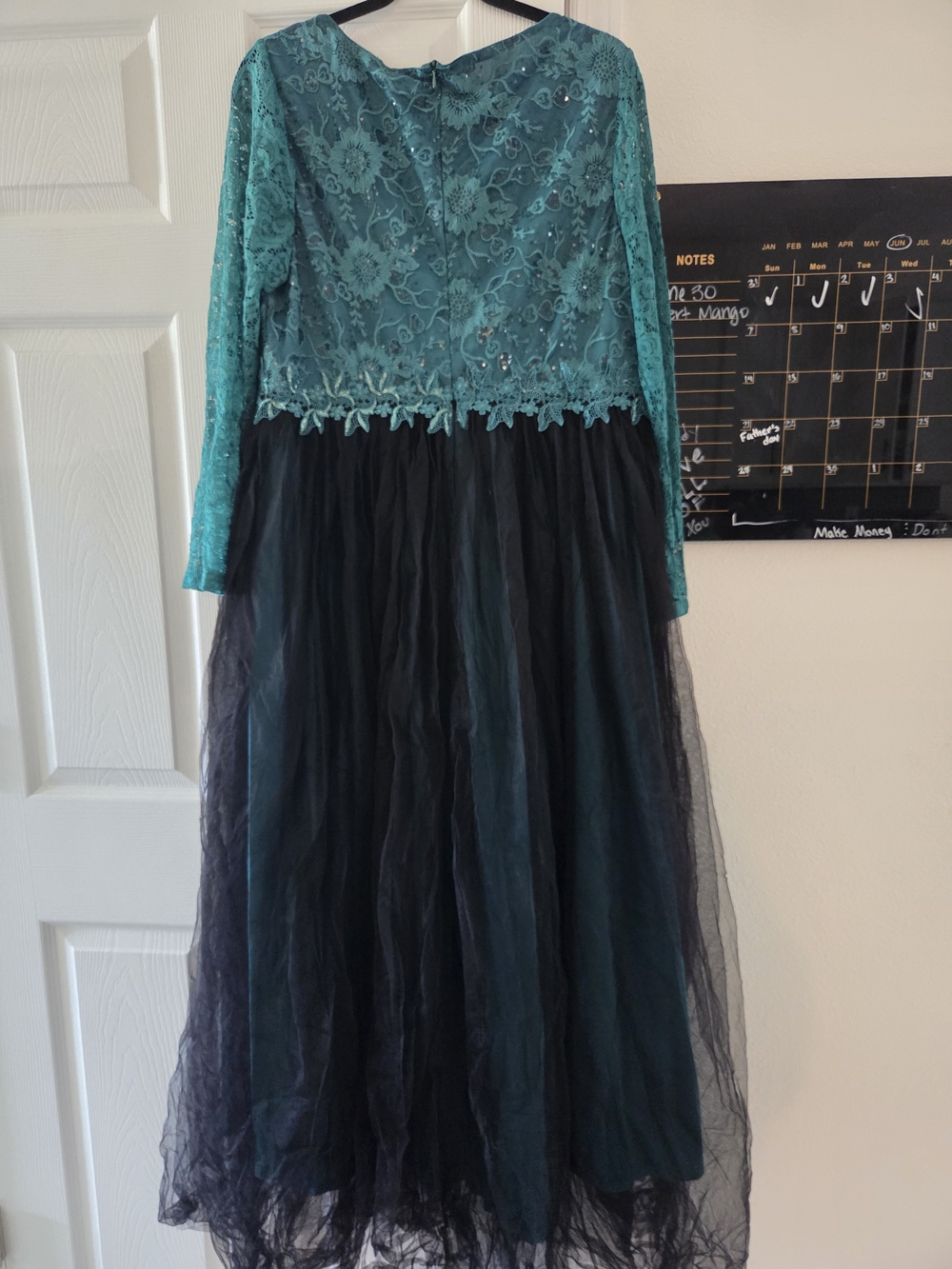 Vintage Teal Lace Bodice with Black Tulle Long Sleeve Midi Dress - Picture 3 of 7